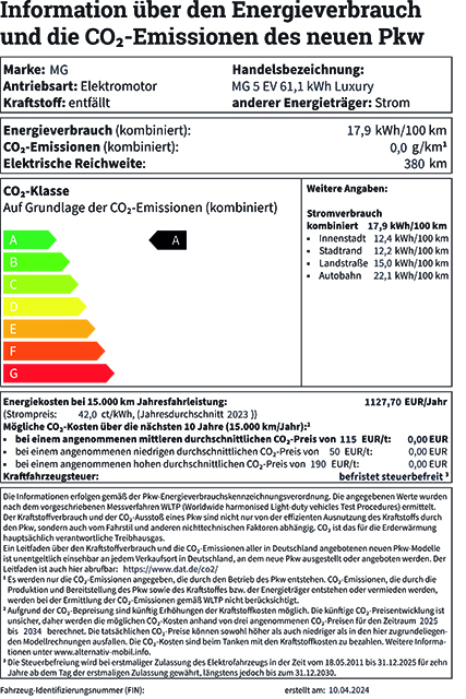 Pkw-Label MG MG 5 EV 61,1 kWh Luxury [1234]