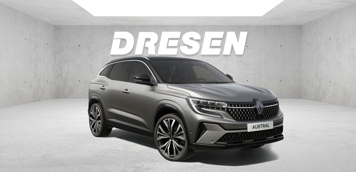 Grauer Renault Austral vor Betonwand mit großem ‚DRESEN‘-Schriftzug darüber.