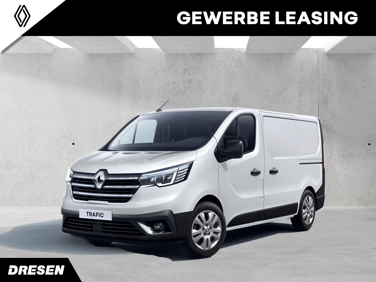 Weisser Renault Trafic vor Betonwand Hintergrund. Vorschau Gewerbeleasingangebot.