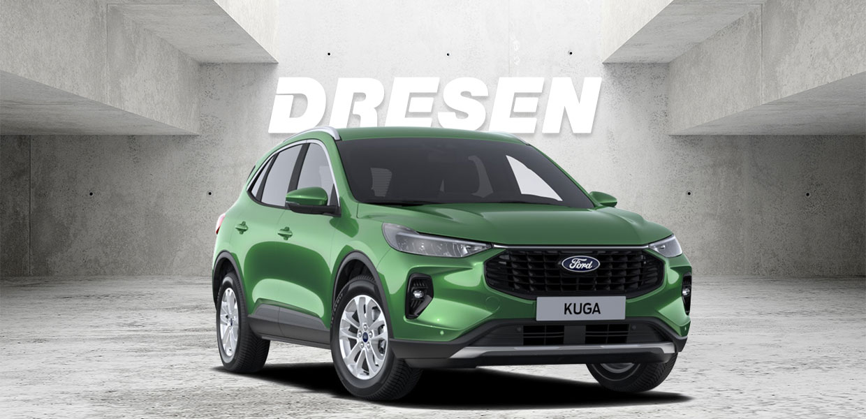 Grüner Ford Kuga vor Betonwand mit großem ‚DRESEN‘-Schriftzug darüber.