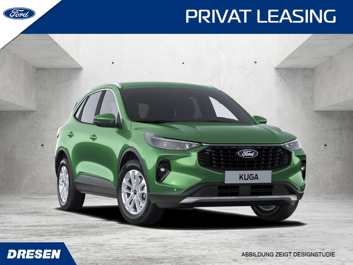 Grüner Ford Kuga vor Betonwand Hintergrund. Vorschau Privatleasingangebot.