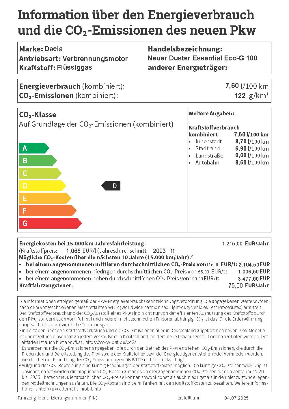 PKW Label Dacia Duster Essential Eco-G 100