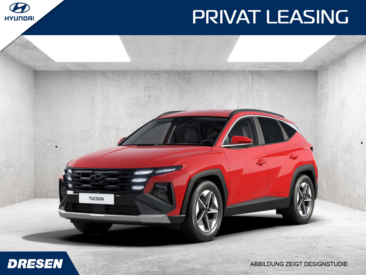 Roter Hyundai TUCSON vor Betonwand Hintergrund. Vorschau Privatleasingangebot.