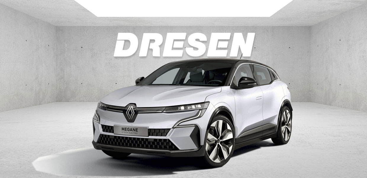 Grauer Renault Megane E-Tech vor Betonwand mit großem ‚DRESEN‘-Schriftzug darüber.