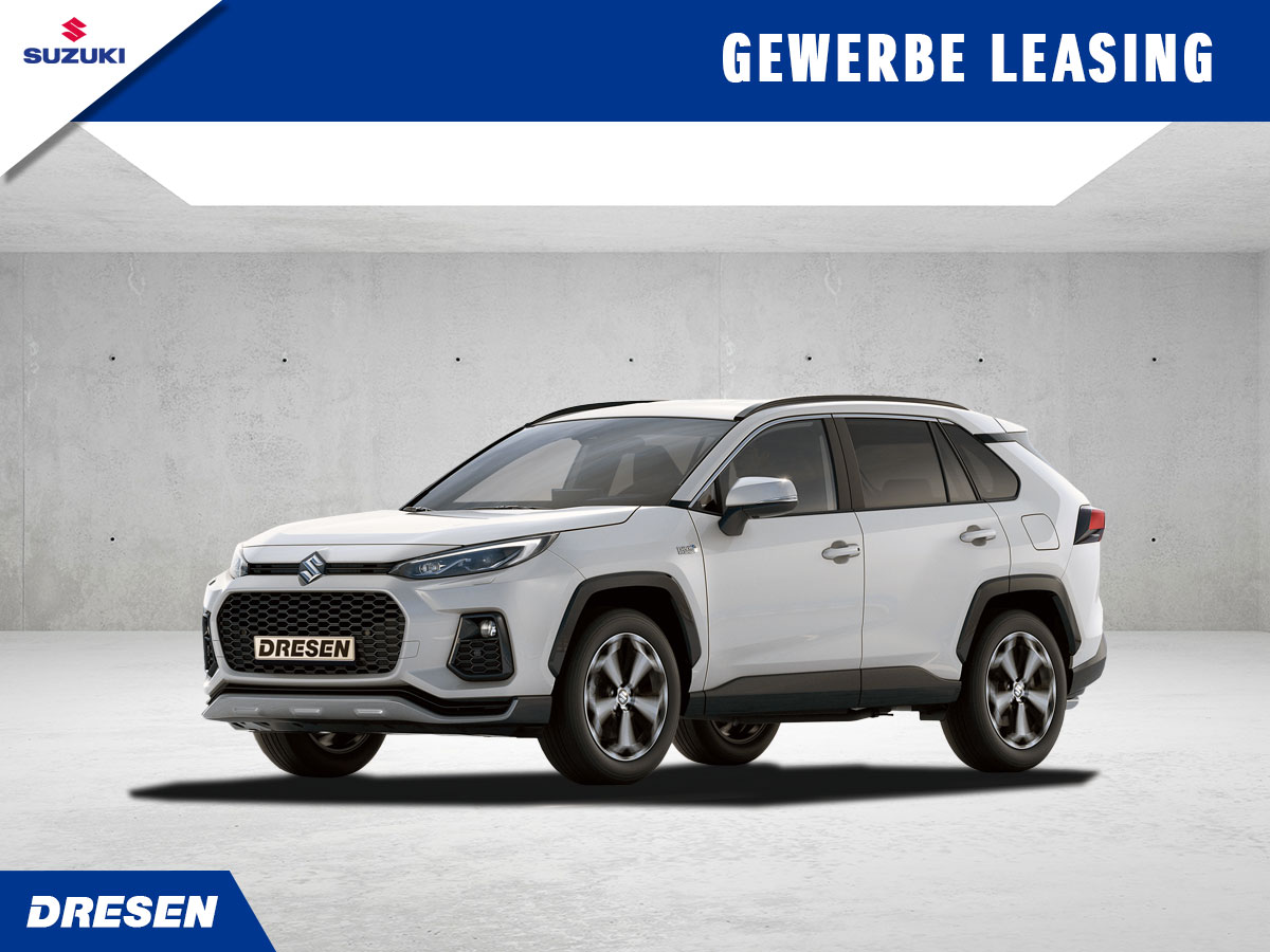 Weißer Suzuki Across vor Betonwand Hintergrund. Vorschau Gewerbeleasingangebot.