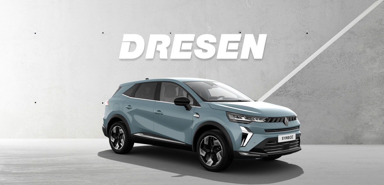 Grüner Renault Symbioz vor Betonwand mit großem ‚DRESEN‘-Schriftzug darüber.