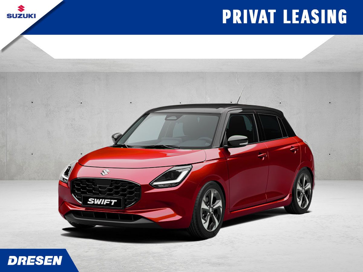 Roter Suzuki Swift vor Betonwand Hintergrund. Vorschau Privatleasingangebot.