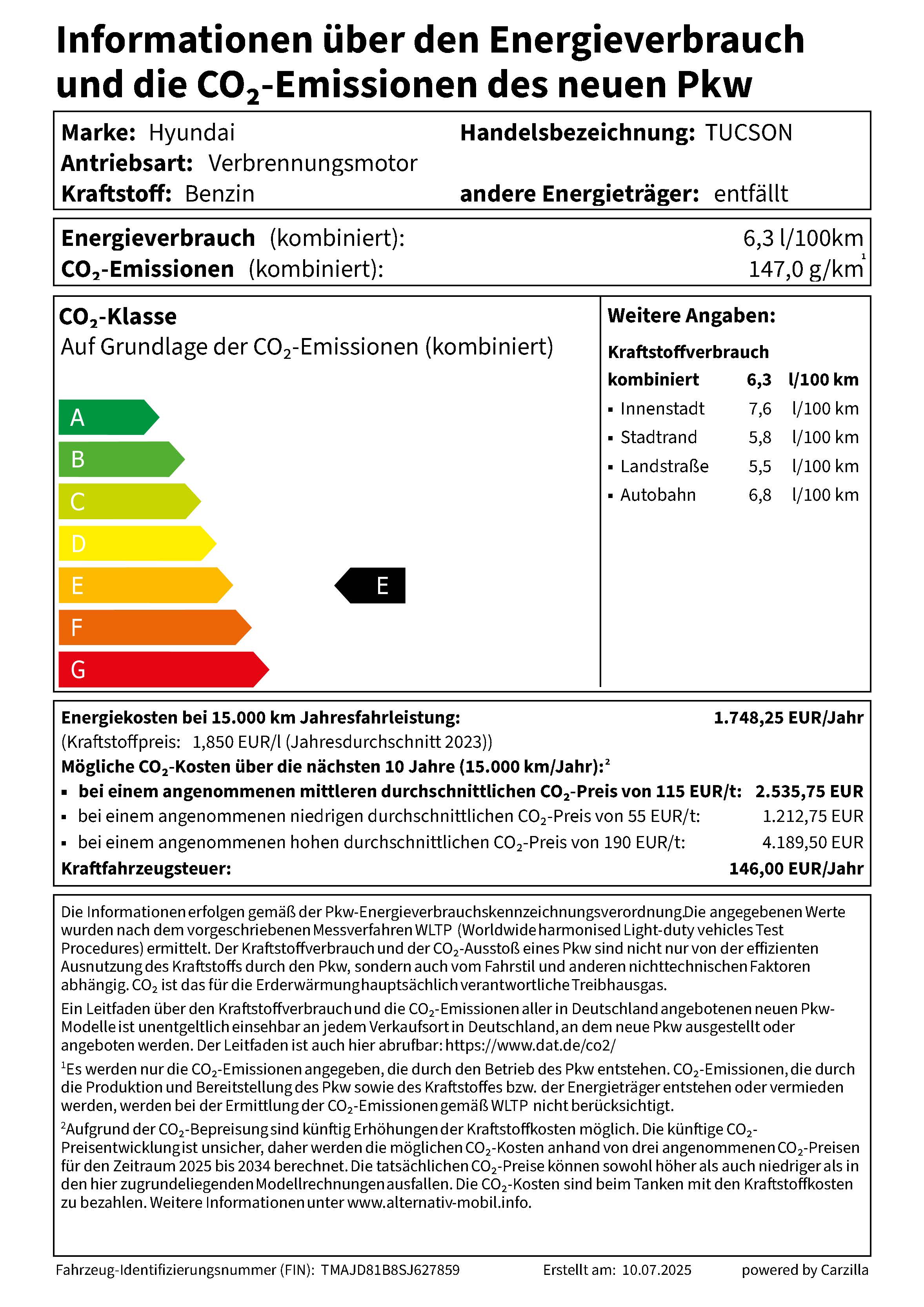 PKW Label Hyundai TUCSON Trend
