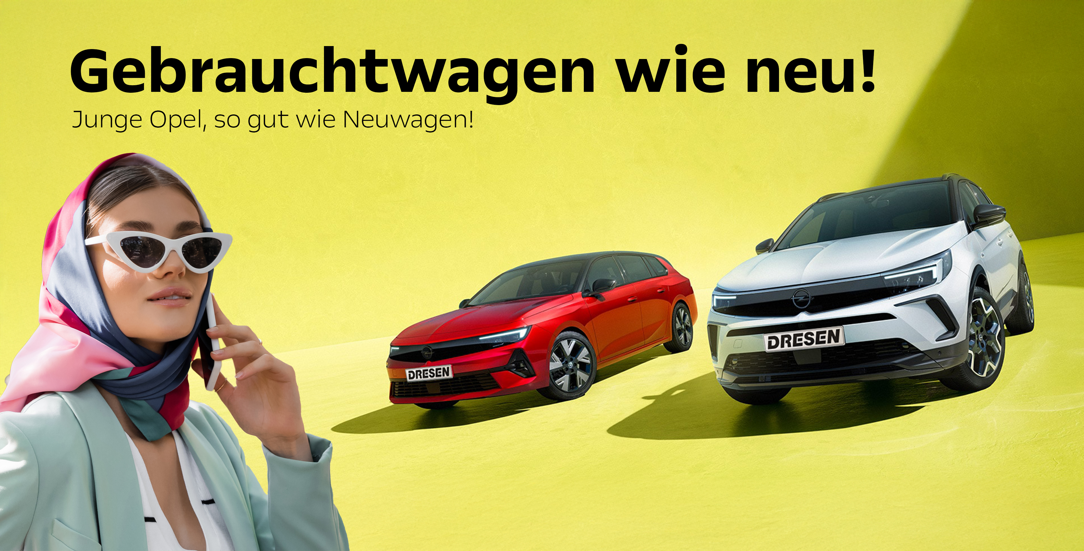 Gebraucht wie neu! Grafik. zwei Opel PKW´s auf gelben Hintergrund.