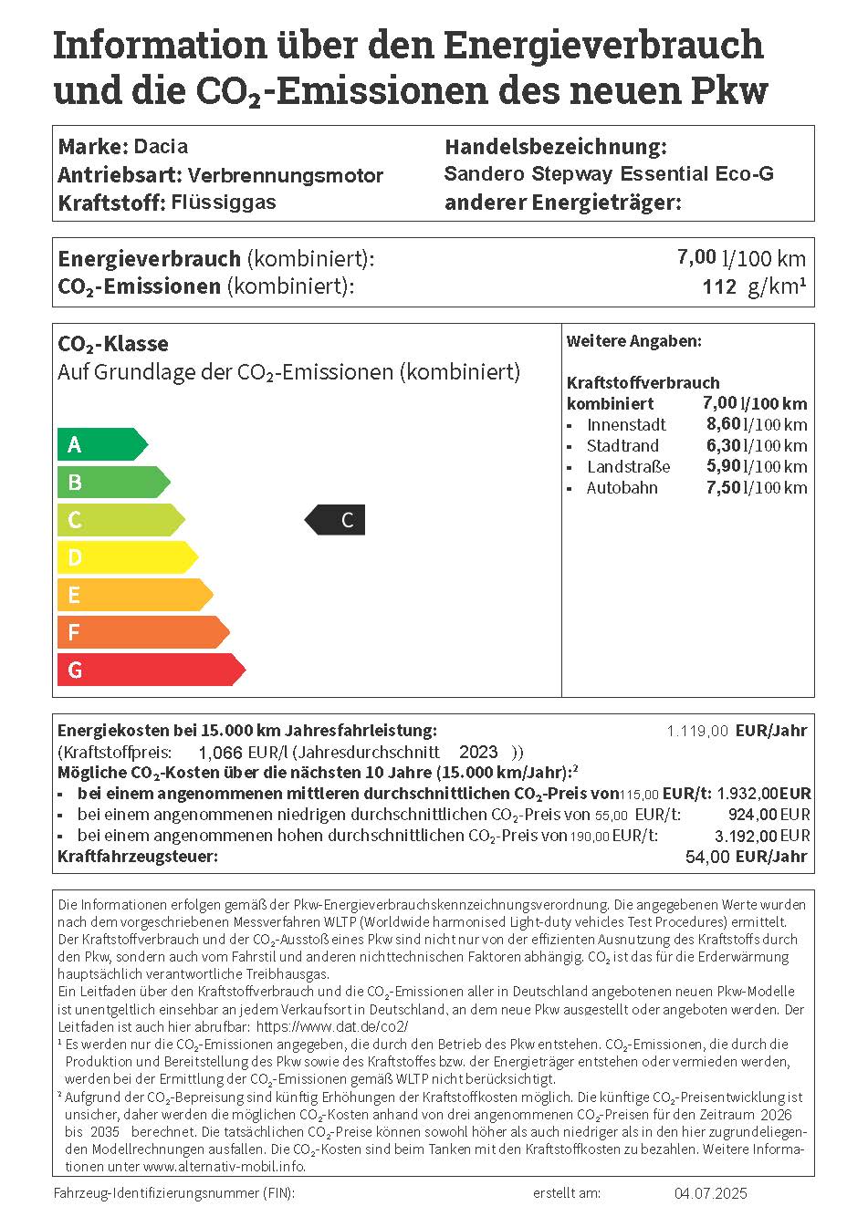 PKW Label Dacia Sandero Stepway Essential Eco-G 100