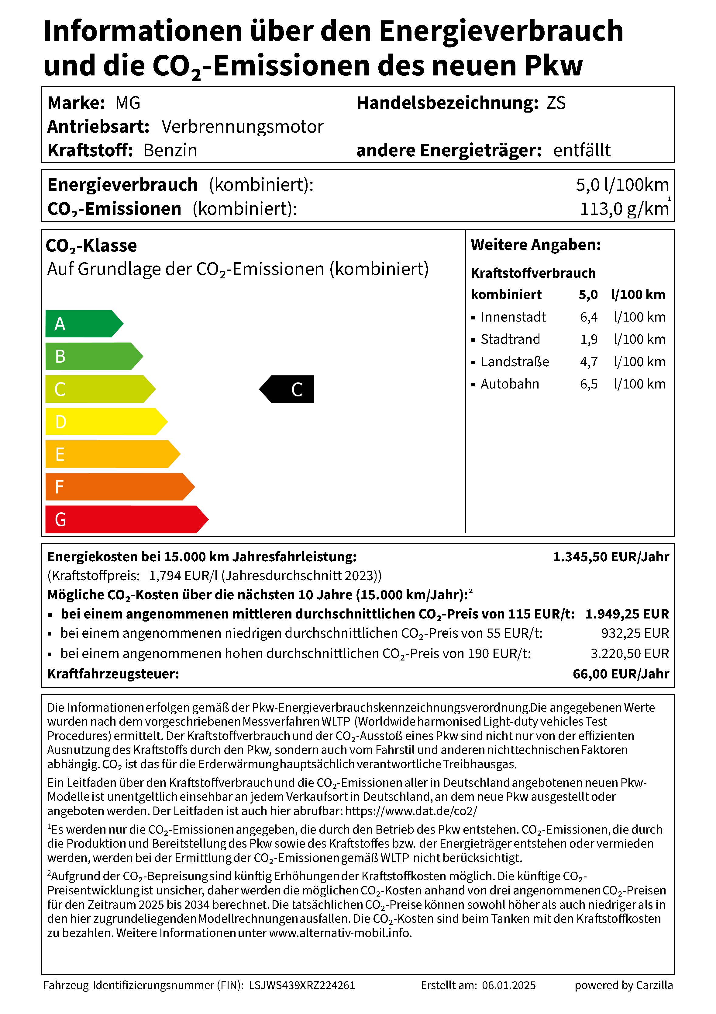 Verbrauchslabel MG ZS Hybrid+ Standard