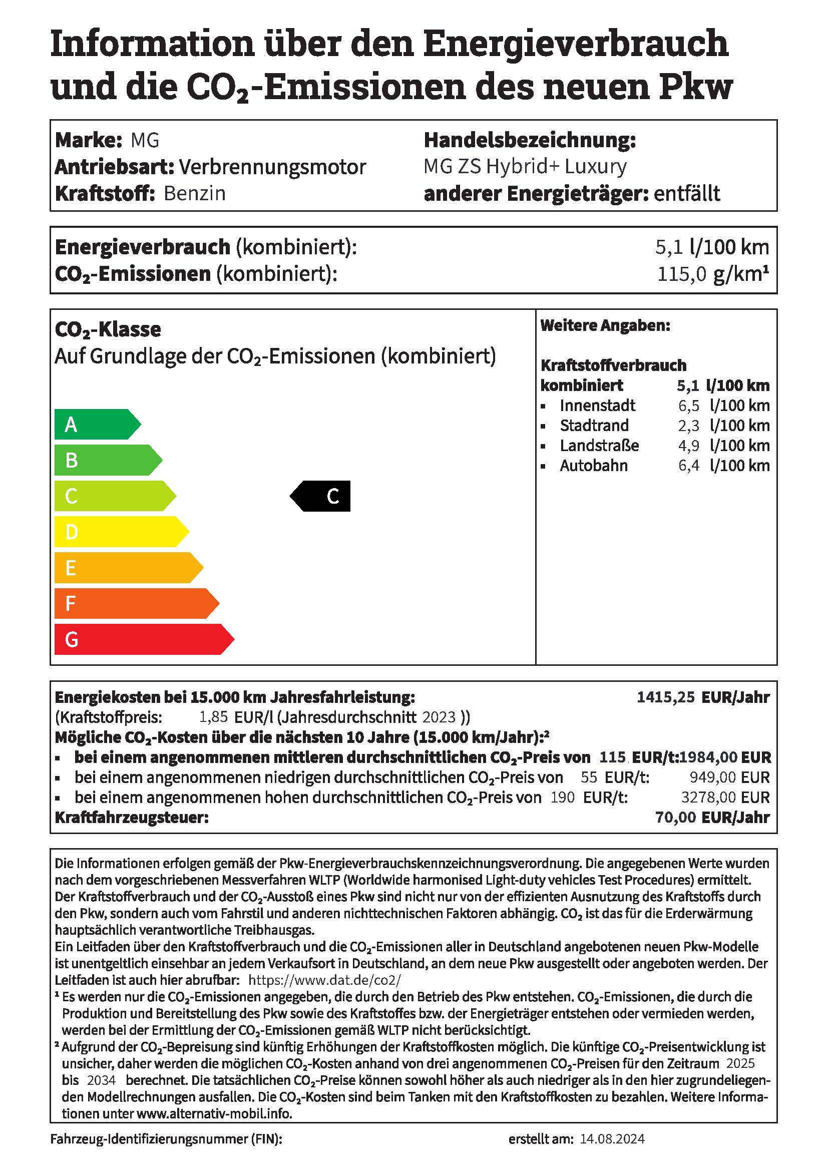 Verbrauchslabel MG ZS Hybrid+Luxury