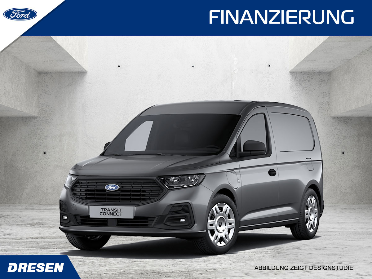 Grauer Ford Transit Connect vor Betonwand Hintergrund. Vorschau Finanzierungsangebot.