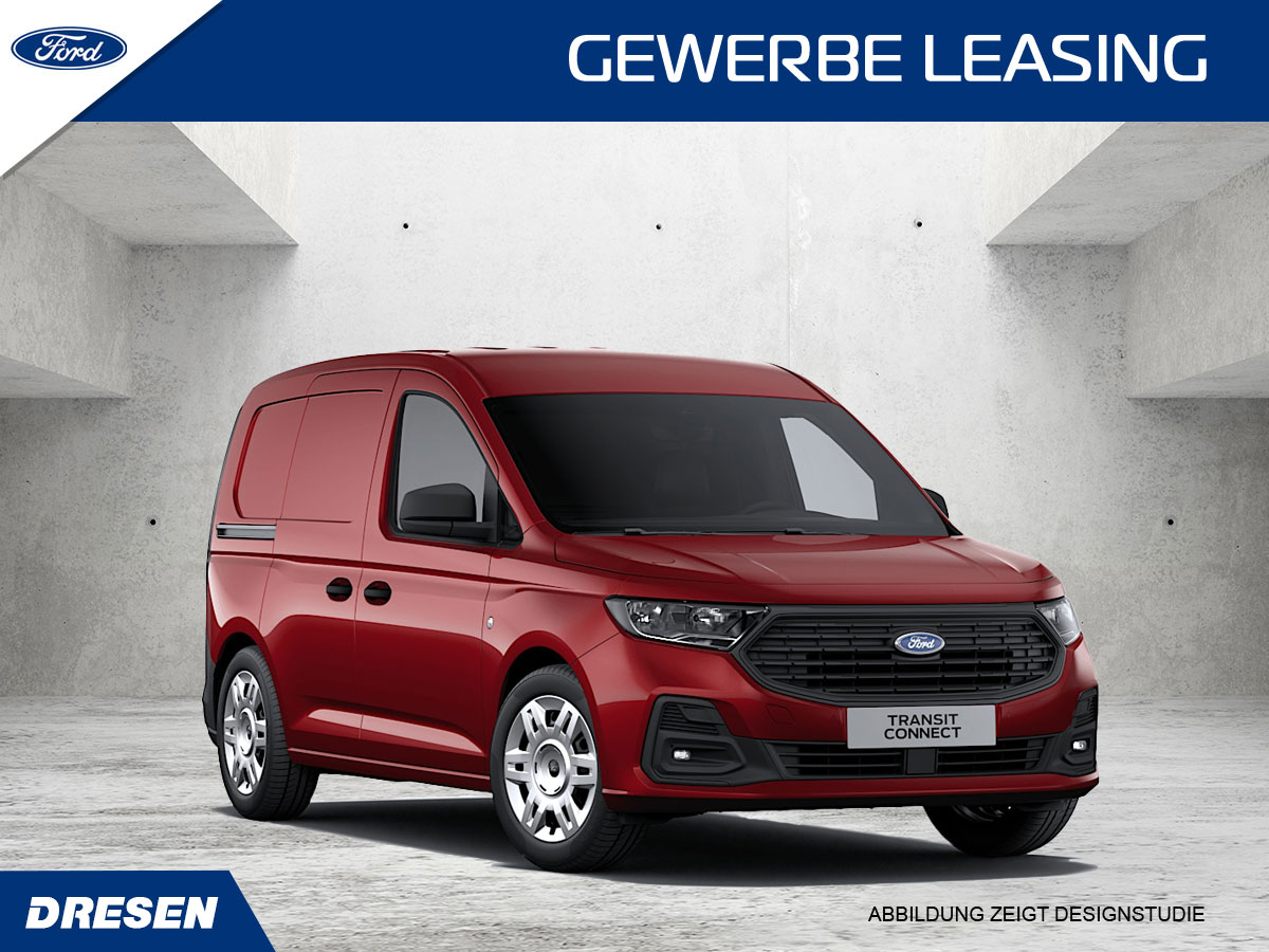 Roter Ford Transit Connect vor Betonwand Hintergrund. Vorschau Gewerbeleasingangebot.