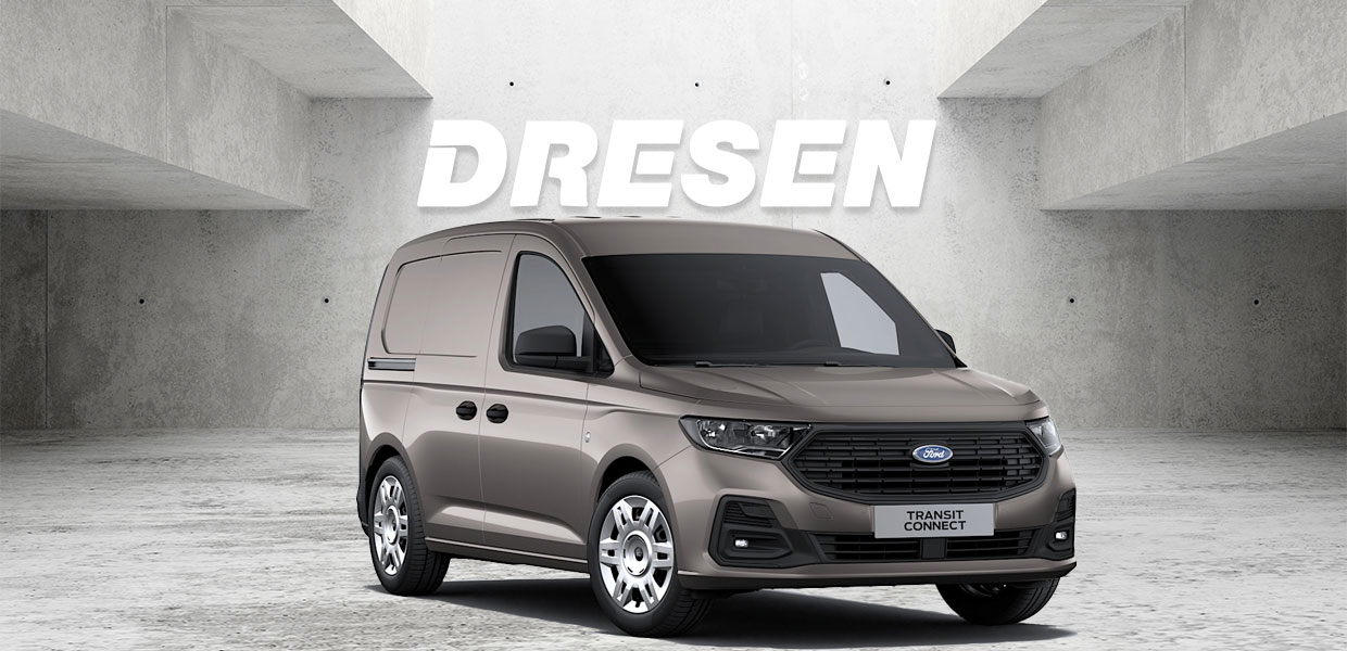 Brauner Ford Transit Connect vor Betonwand mit großem ‚DRESEN‘-Schriftzug darüber.