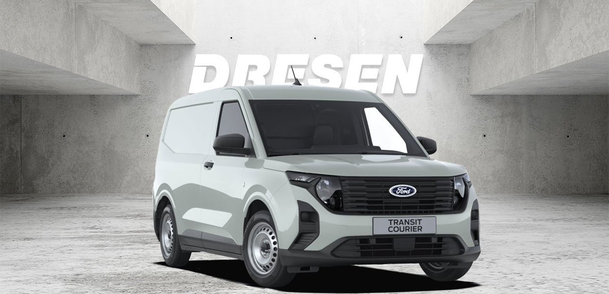 Grüner Ford Transit Courier Van vor Betonwand mit großem ‚DRESEN‘-Schriftzug darüber.