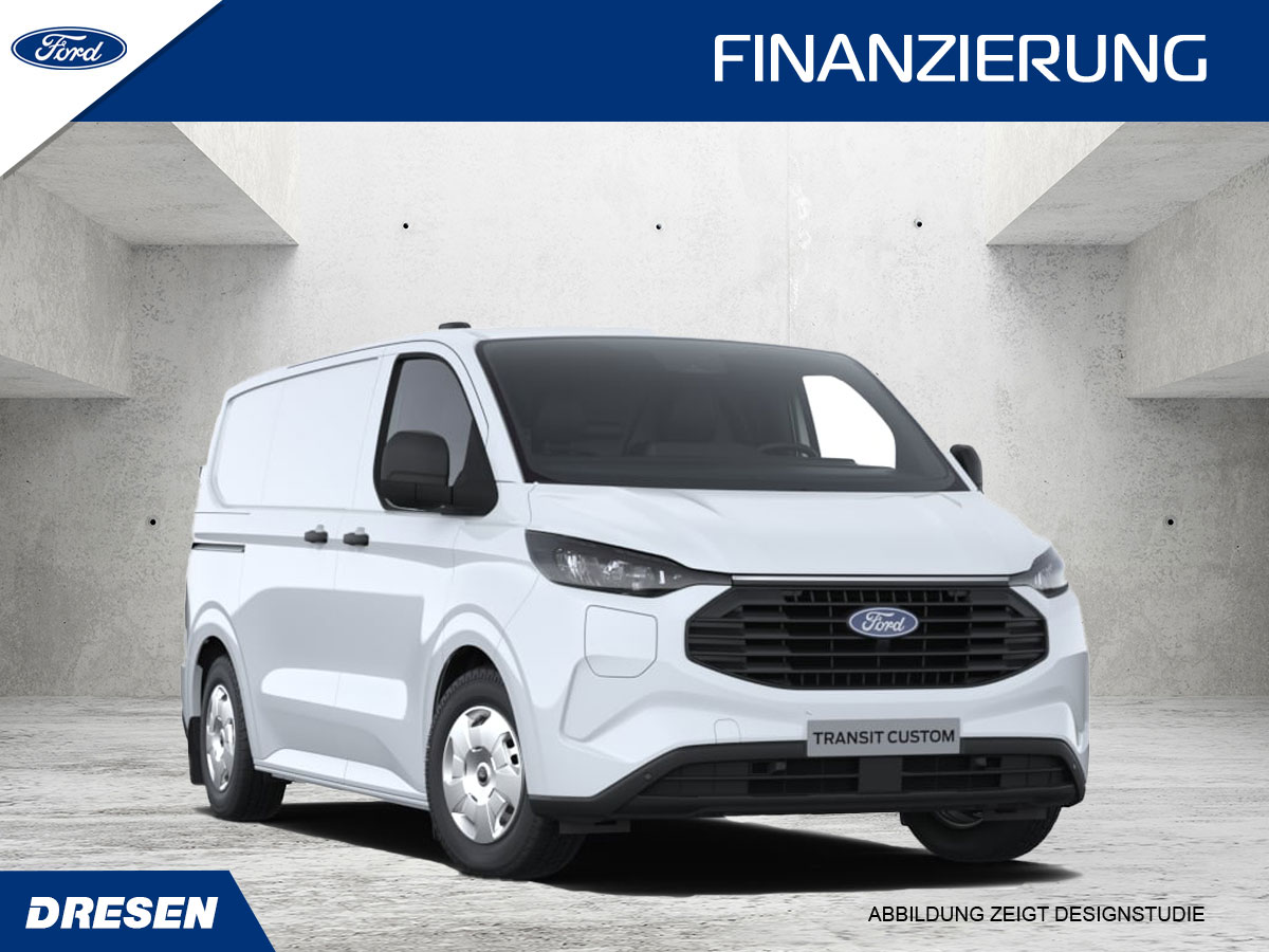 Weißer Ford Transit Custom vor Betonwand Hintergrund. Vorschau Finanzierungsangebot.