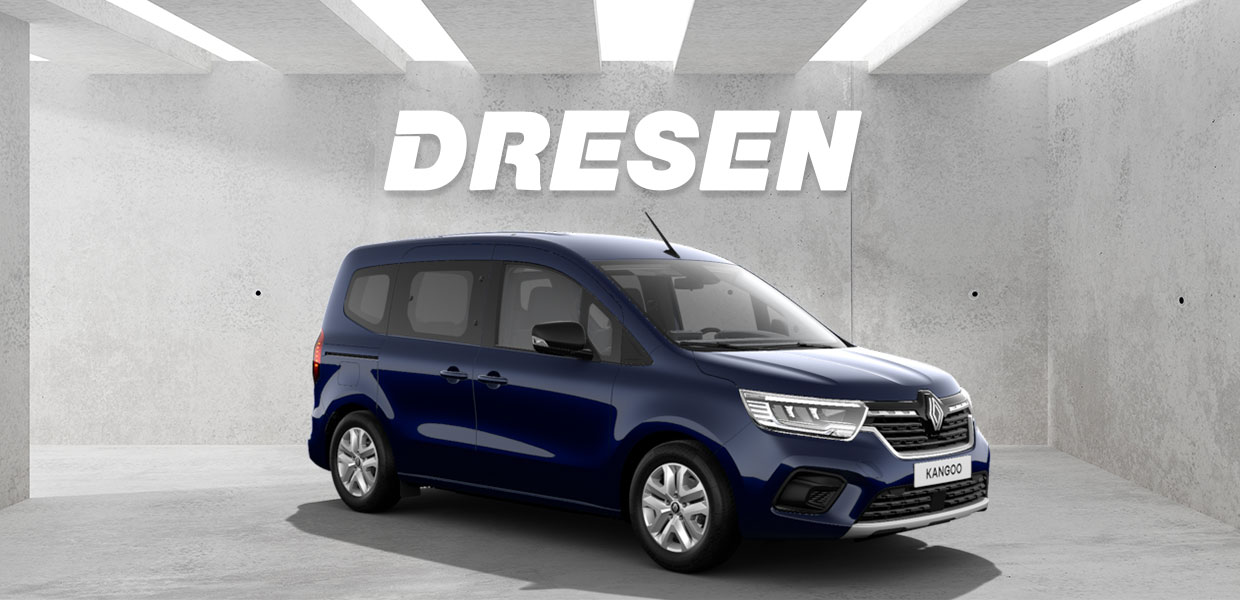 Blauer Renault Kangoo vor Betonwand mit großem ‚DRESEN‘-Schriftzug darüber.