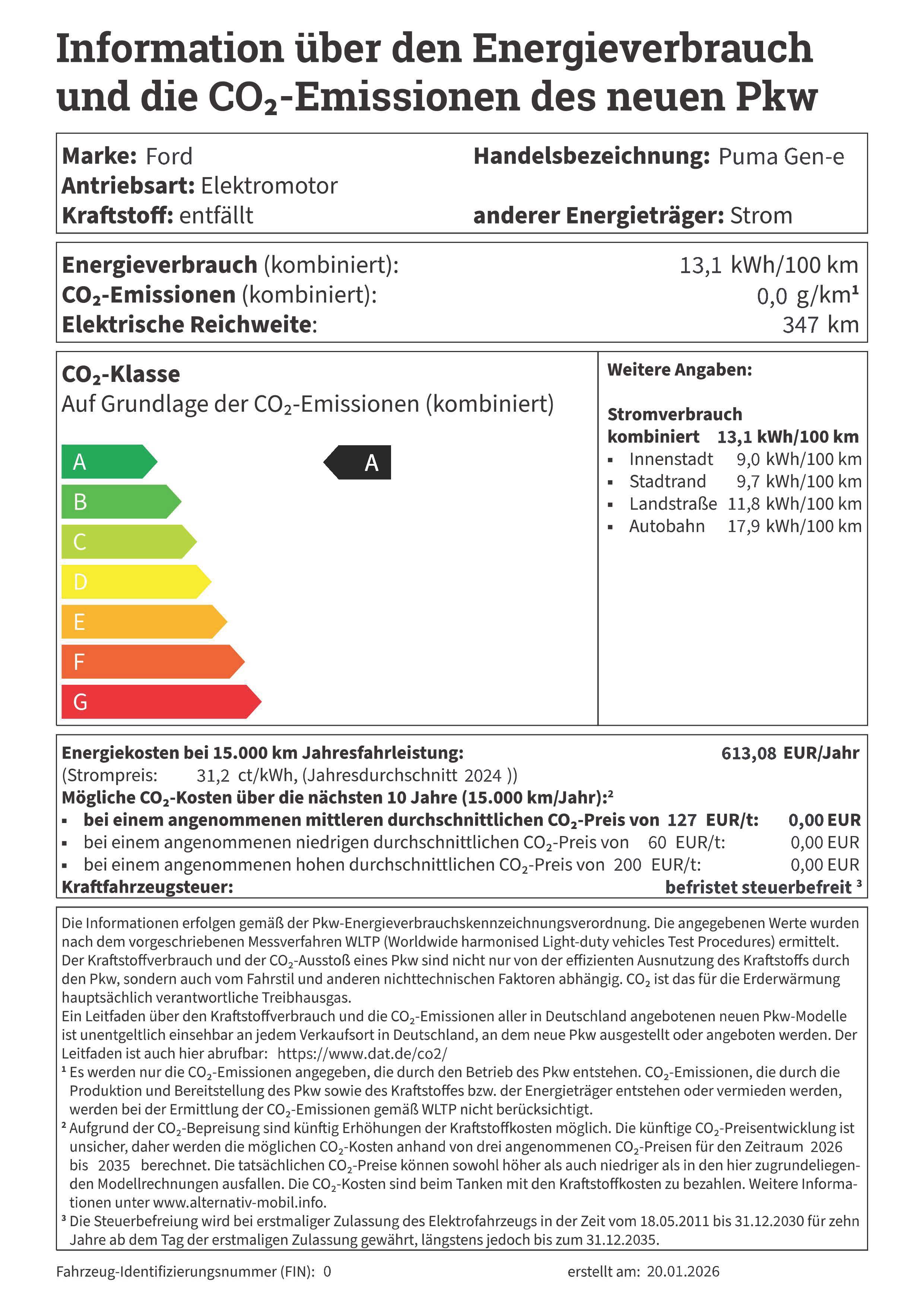 PKW Label Ford Puma Gen-e 2026