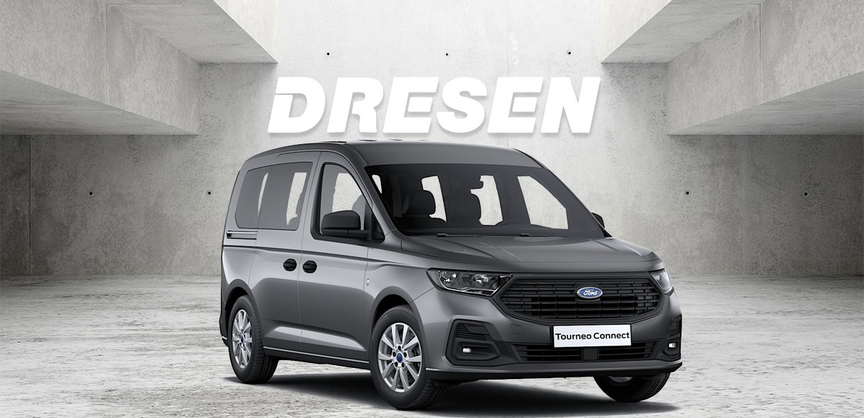 Grauer Ford Tourneo Connect Van vor Betonwand mit großem ‚DRESEN‘-Schriftzug darüber.