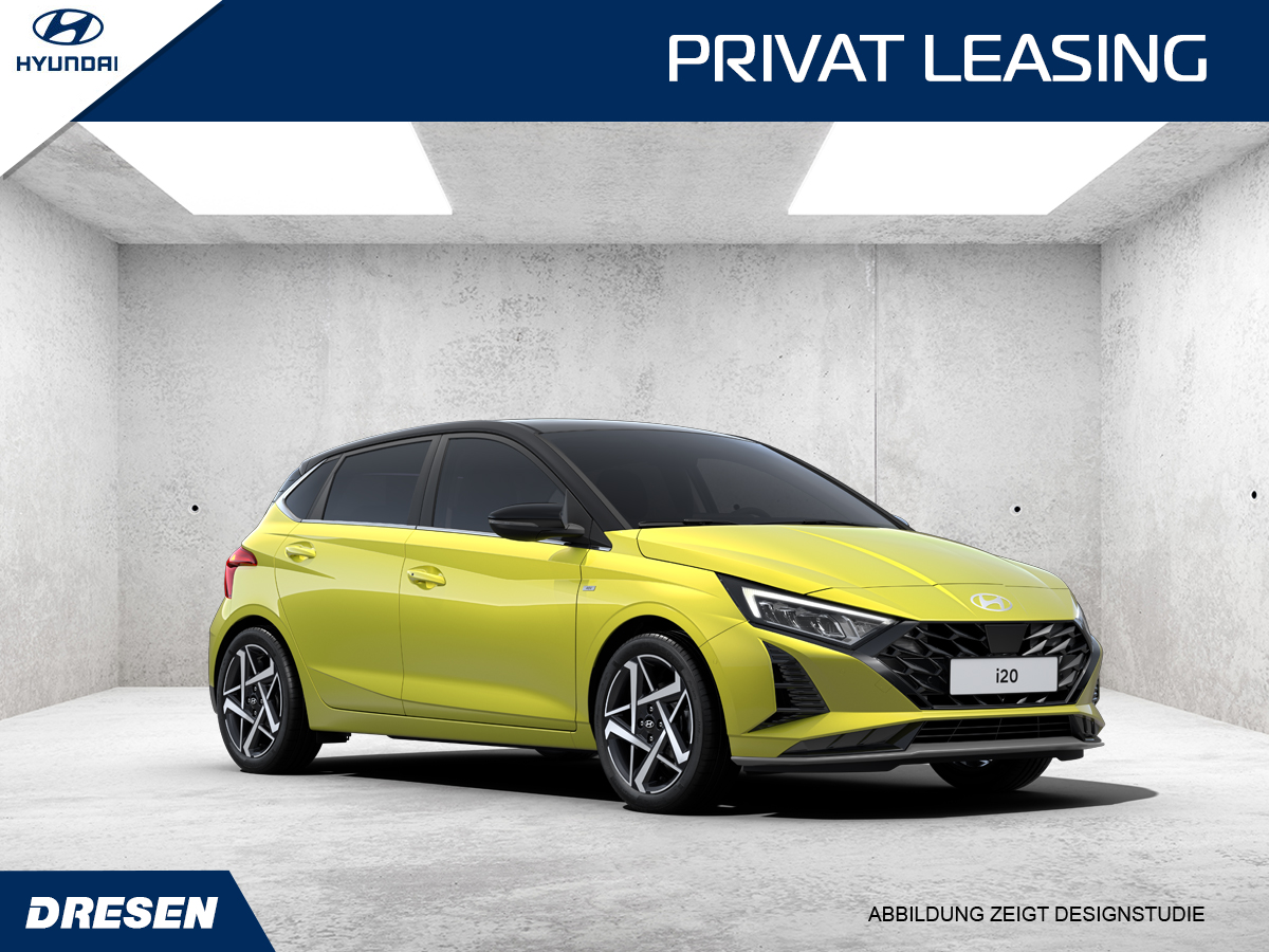 neongelber hyundai i20 vor betonwand