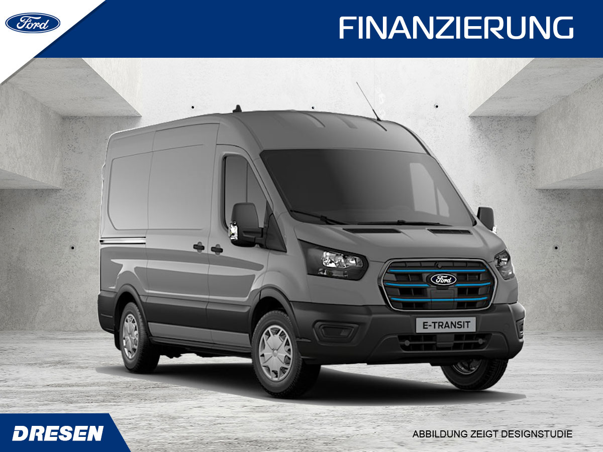 Grauer Ford E-Transit vor Betonwand Hintergrund. Vorschau Finanzierungsangebot.