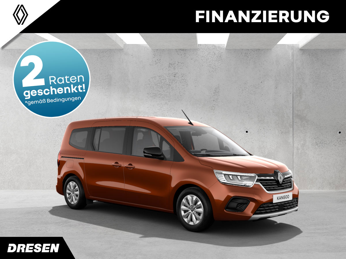 Renault Grand Kangoo vor Betonwand. Vorschau Finanzierungsangebot. Mit 2-Raten geschenkt Störer.