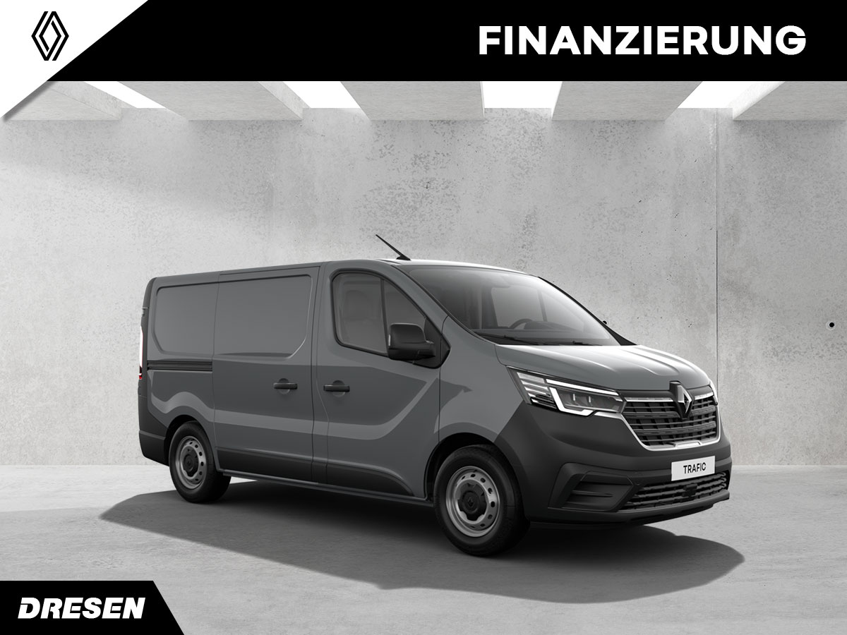Grauer Renault Master vor Betonwand Hintergrund. Vorschau Finanzierung.