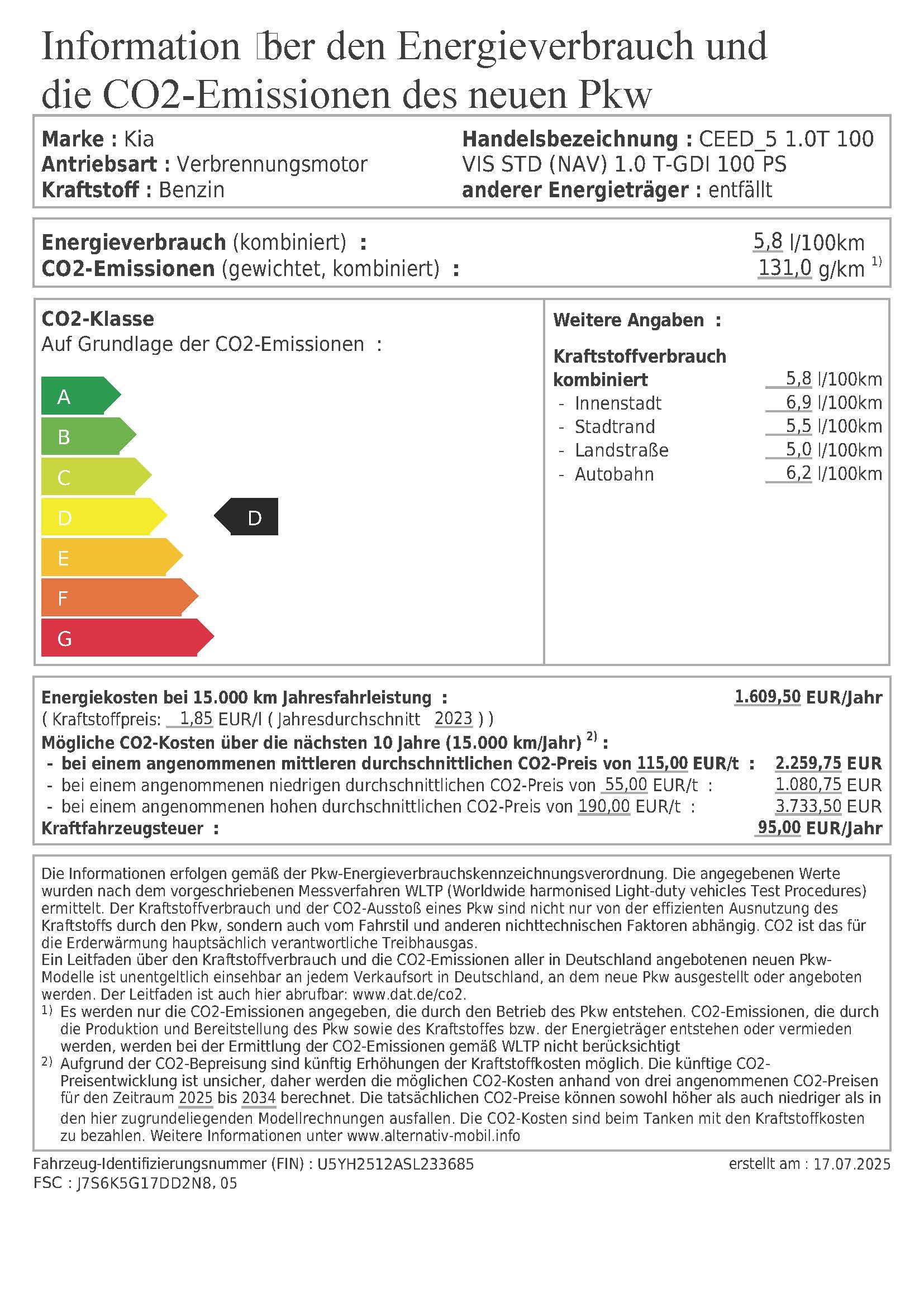 PKW Label Kia Ceed Vision 5 Sitzer 100 PS.