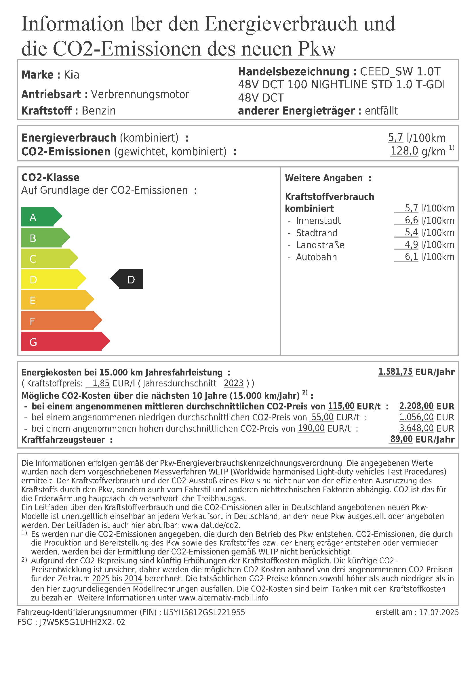 PKW Label Kia Ceed SW