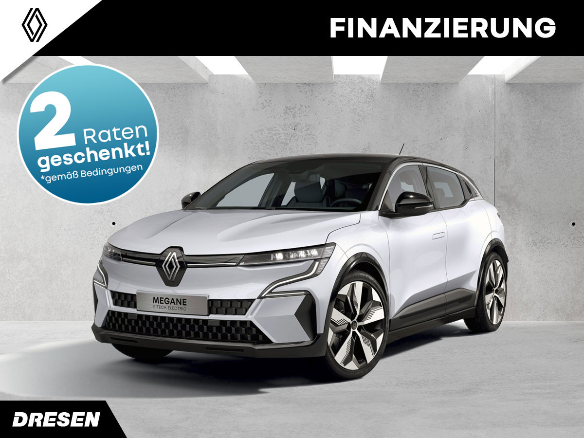 Renault Megane vor Betonwand. Vorschau Finanzierungsangebot. Mit 2-Raten geschenkt Störer.