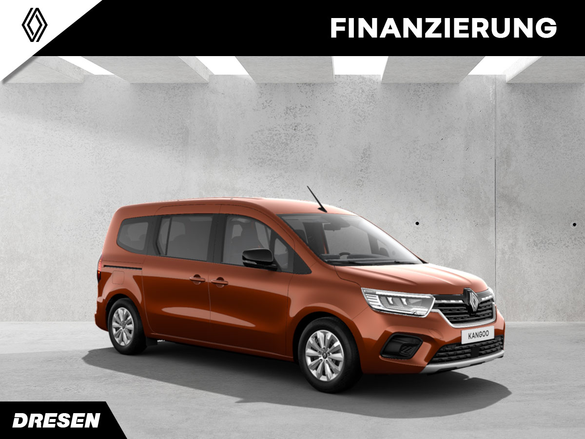 Orangener Renault Grand Kangoo vor Betonwand Hintergrund. Vorschau Finanzierung.