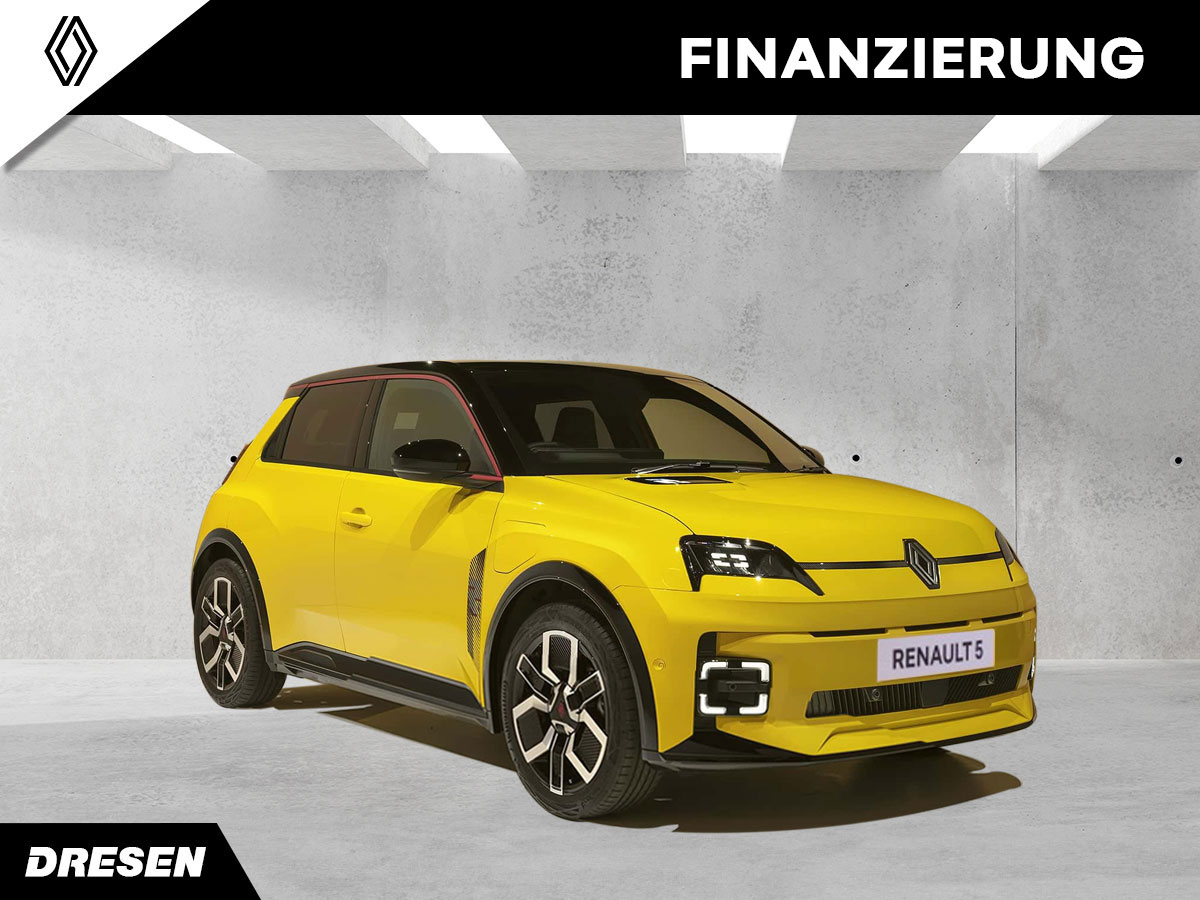 Gelber Renault R5 vor Betonwand Hintergrund. Vorschau Finanzierung.