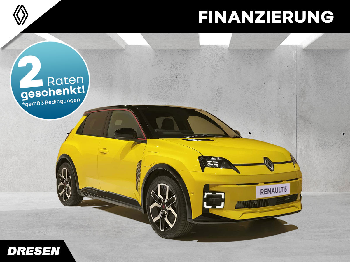 Renault 5 vor Betonwand. Vorschau Finanzierungsangebot. Mit 2-Raten geschenkt Störer.