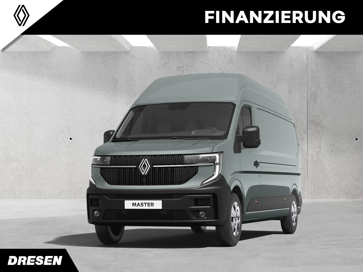 Grüner Renault Master vor Betonwand Hintergrund. Vorschau Finanzierung.