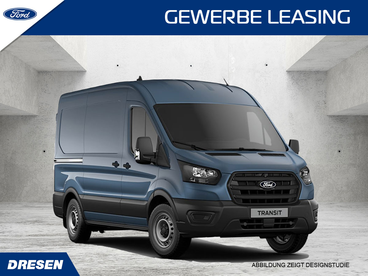 Blauer Ford Transit vor Betonwand Hintergrund. Vorschau Gewerbeleasingangebot.