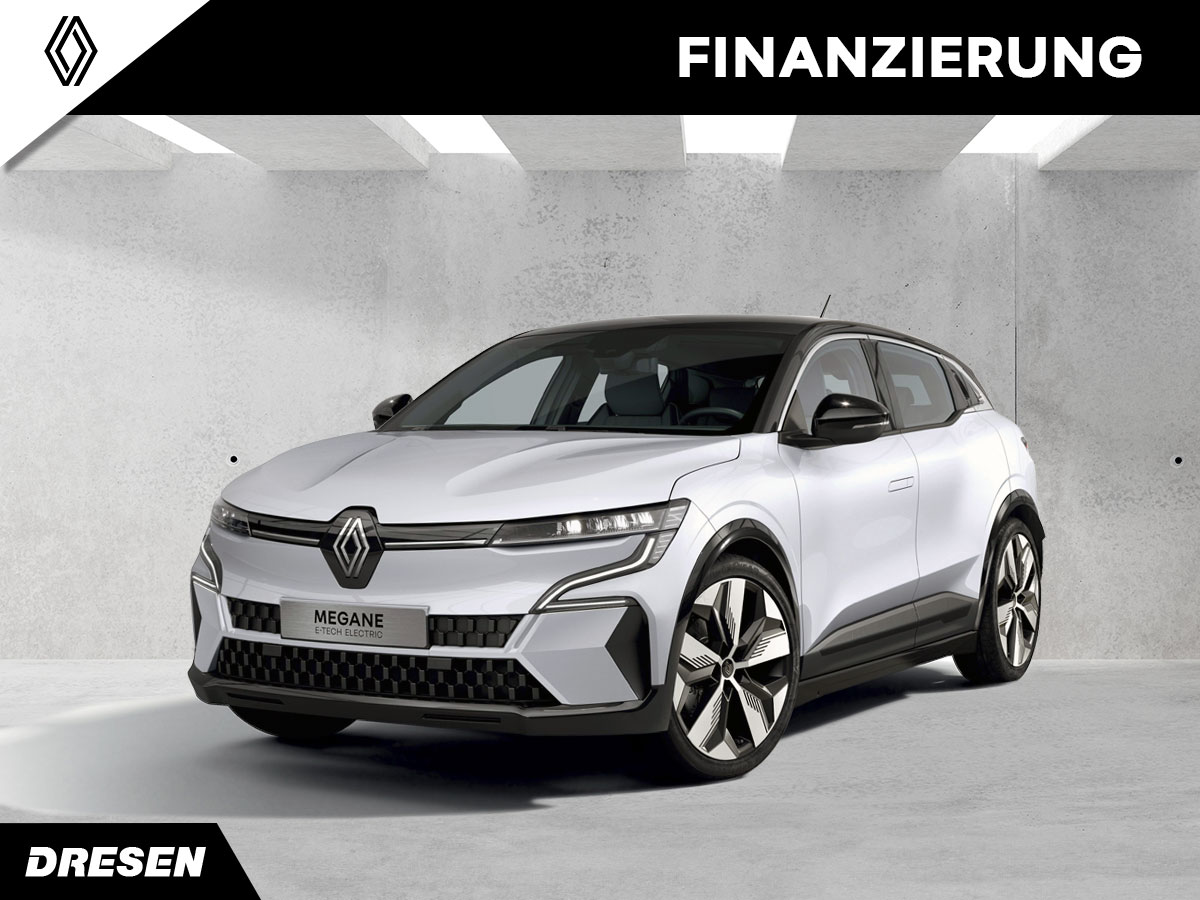 Weißer Renault Megane vor Betonwand Hintergrund. Vorschau Finanzierung.