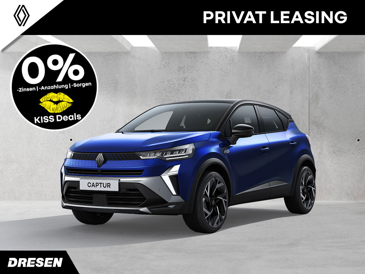 Blauer Renault Captur vor Betonwand Hintergrund. Vorschau Privatleasingangebot. Mit Kiss-Deal Störer.