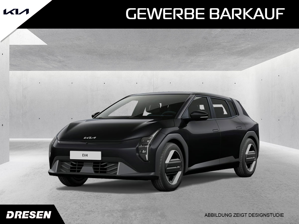 Schwarzer Kia EV4 Air vor Betonwand Hintergrund. Vorschau Gewerbe Barkaufangebot.