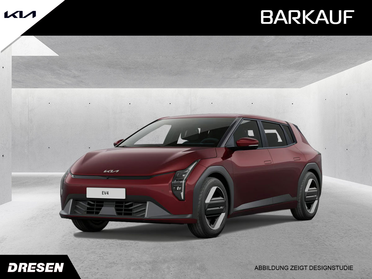 Roter Kia EV4 Air vor Betonwand Hintergrund. Vorschau Barkaufangebot.
