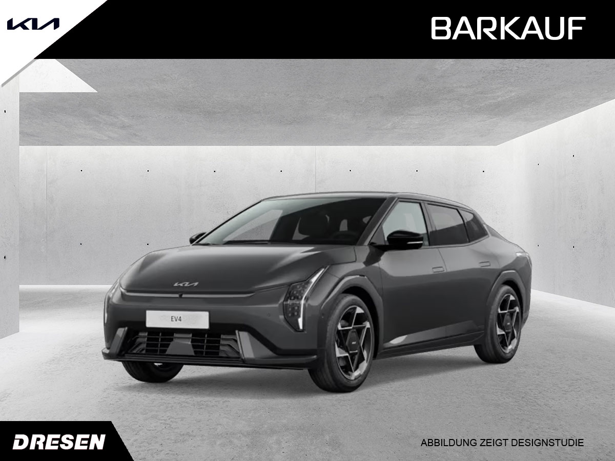 Dunkelgrauer Kia EV4 Fastback vor Betonwand Hintergrund. Vorschau Barkaufangebot.