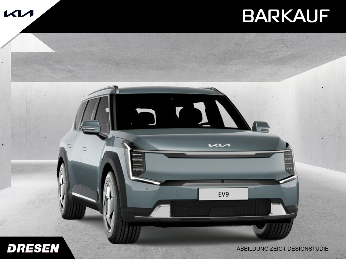 Blauer Kia EV9 Air vor Betonwand Hintergrund. Vorschau Barkaufangebot.