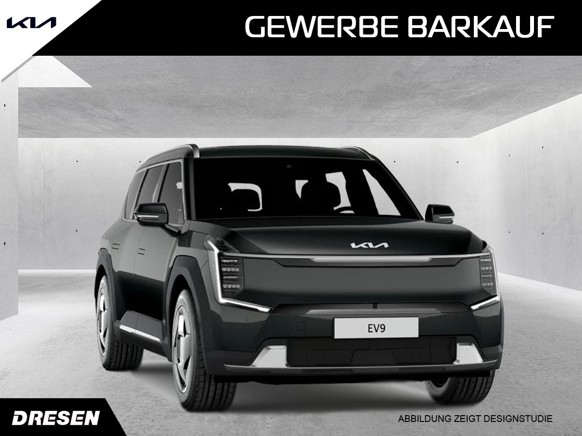 Schwarzer Kia EV9 Air vor Betonwand Hintergrund. Vorschau Gewerbe Barkaufangebot.