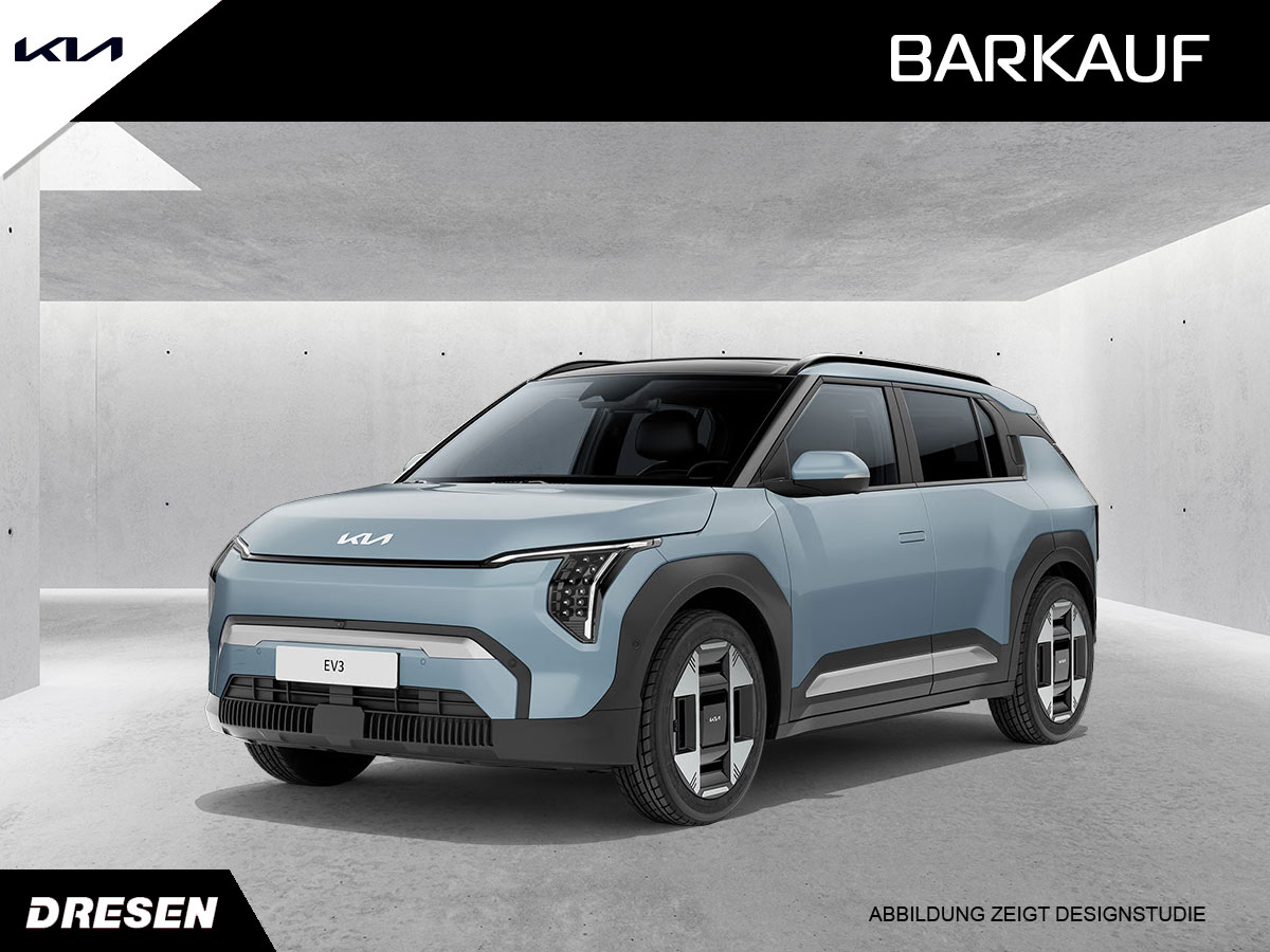 Blauer Kia EV3 Air vor Betonwand Hintergrund. Vorschau Barkaufangebot.