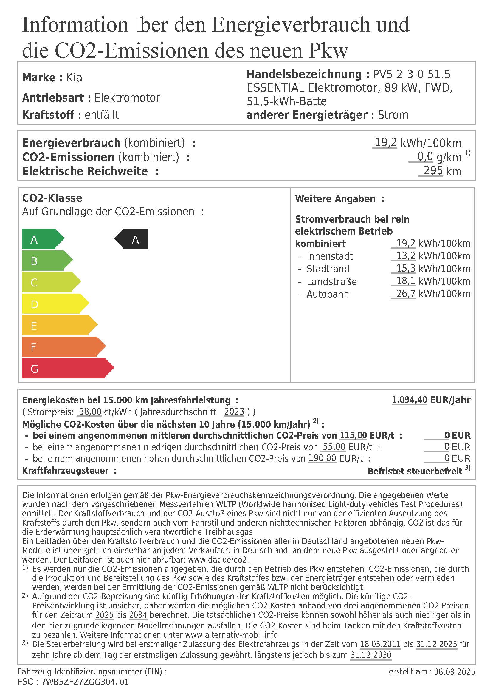 PKW Label Kia PV5 51.5 kWh