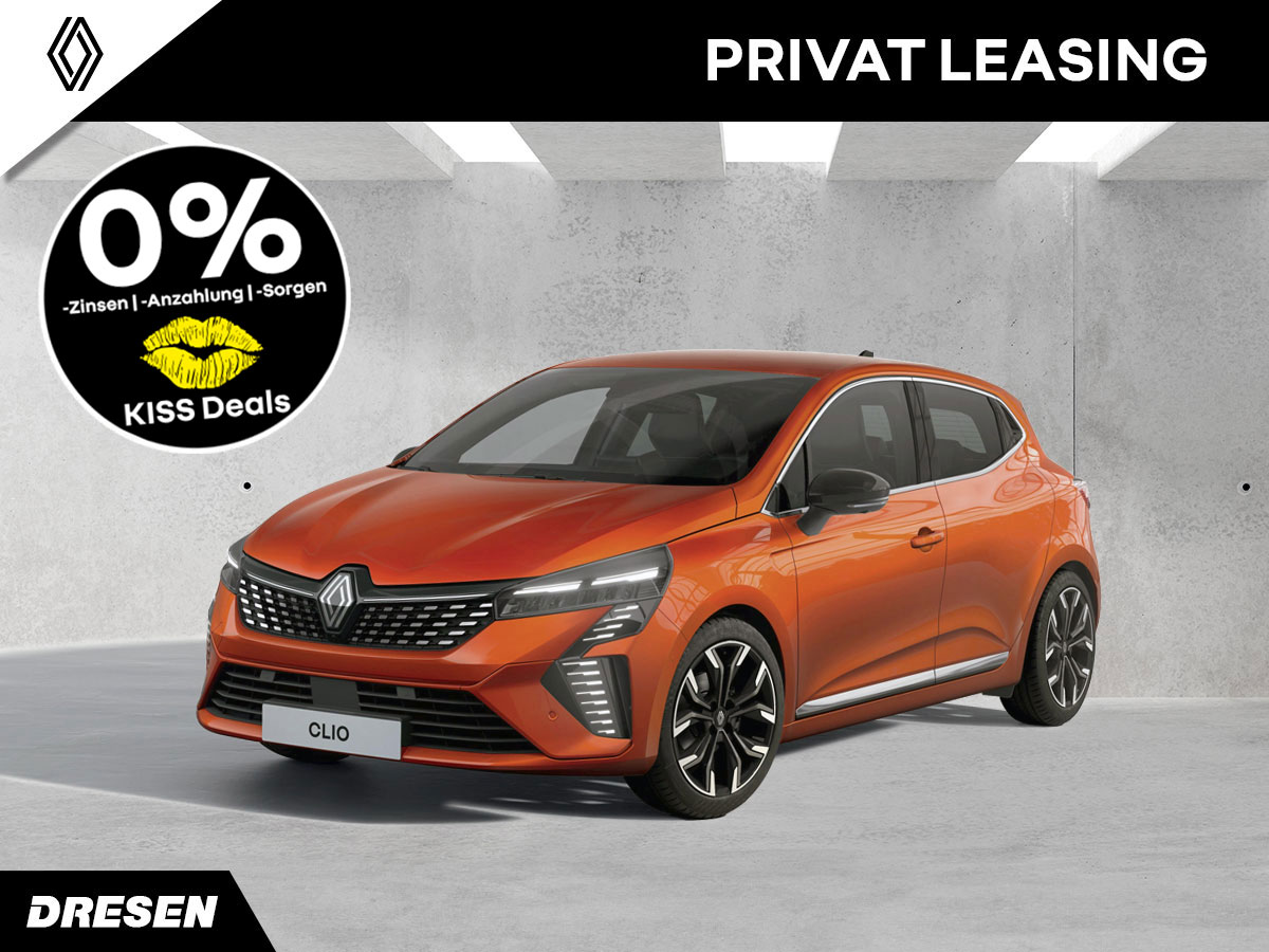 Orangener Renault Clio vor Betonwand Hintergrund. Vorschau Privatleasingangebot. Mit Kiss-Deal Störer.
