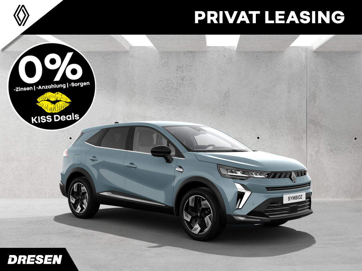 Hellblauer Renault Symbioz vor Betonwand Hintergrund. Vorschau Privatleasingangebot. Mit Kiss-Deal Störer.