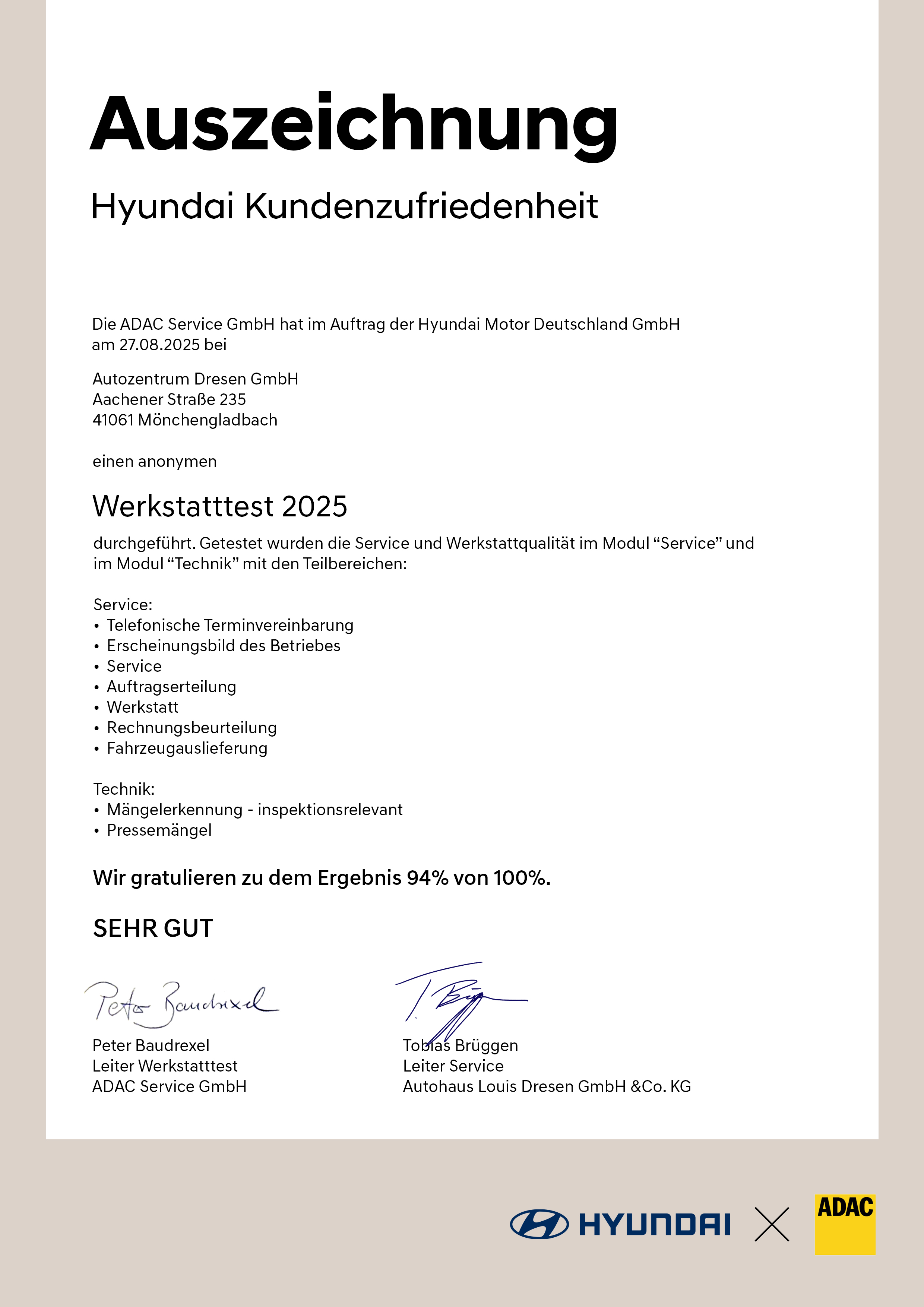 Urkunde Werkstatttest ADAC Hyundai