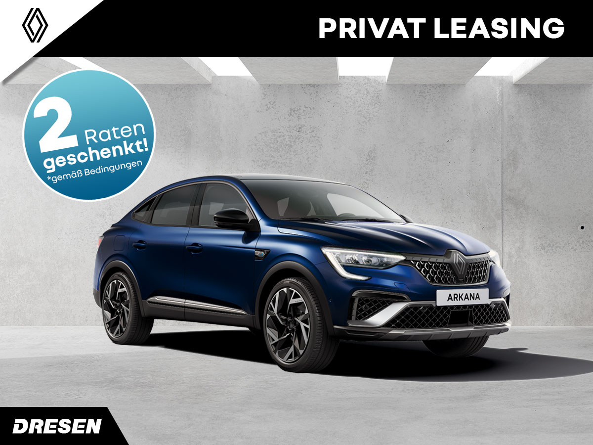 Renault Arkana vor Betonwand. Vorschau Privatleasingangebot. Mit 2-Raten geschenkt Störer.
