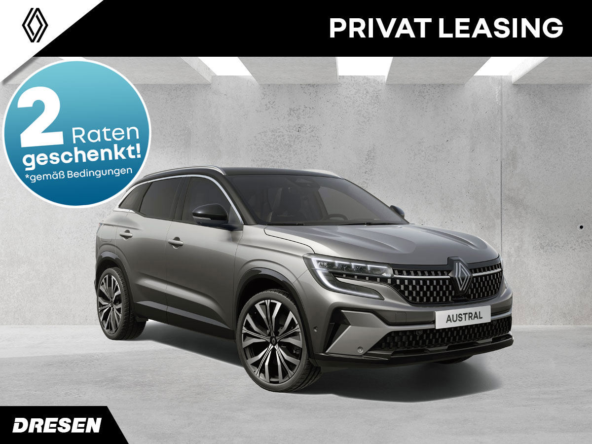 Renault Austral vor Betonwand. Vorschau Privatleasingangebot. Mit 2-Raten geschenkt Störer.